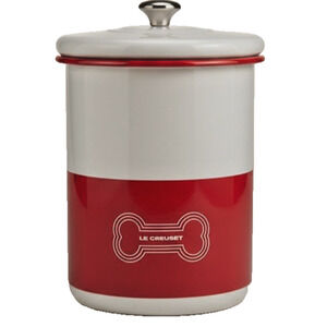 Le Creuset Cerise Red Dog steel Treat Jar 4.25 Qt Canister Pet Food Container